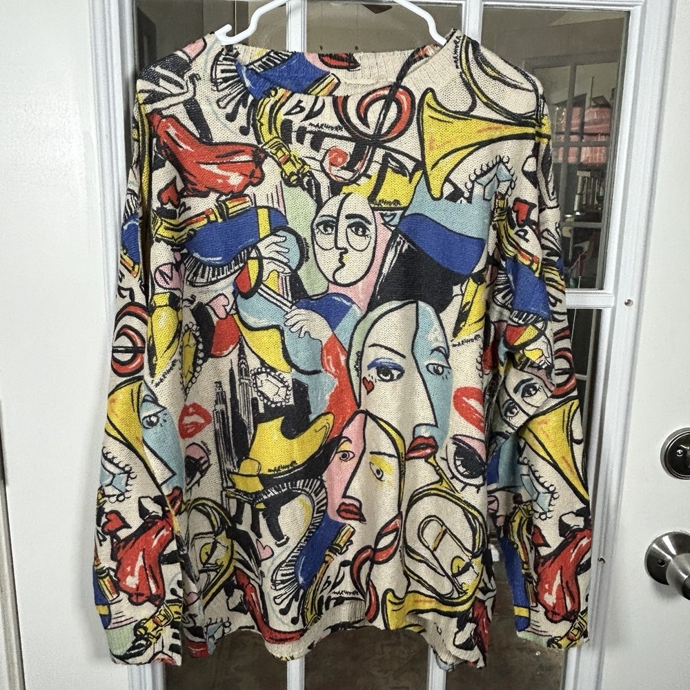 Abstract Cubist Face Print Sweater Jazz Art Pullover Crewneck Knit 2xl